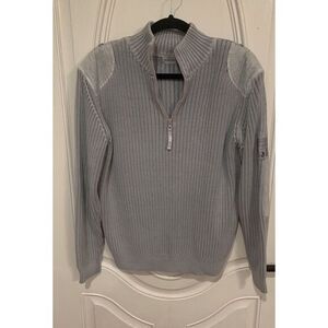 Blanc Blue XL 100% Cotton Cable‎ Knit Sweater Pullover Blue 1/4 Zip Elbow Patch